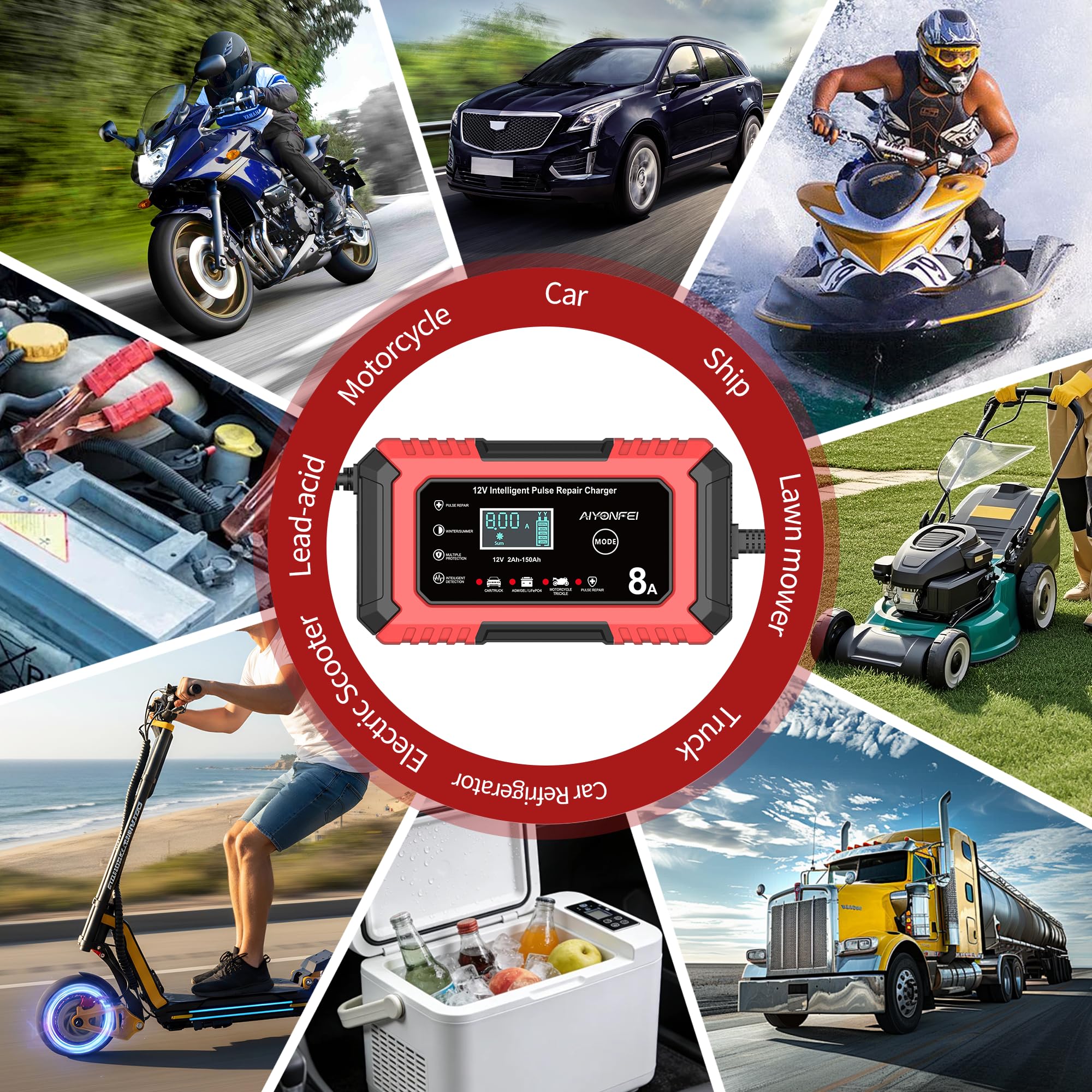 AIYONFEI 12V 8A Battery Charger, Smart Trickle Charger & Battery Maintainer, Desulfator, Temperature Compensation for LiFePO4, Lead Acid, AGM, Gel, EFB, VRLA, Car, Truck, Motorcycle, Boat (Red)